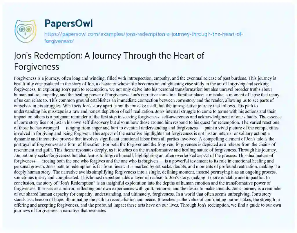 Essay on Jon’s Redemption: a Journey through the Heart of Forgiveness
