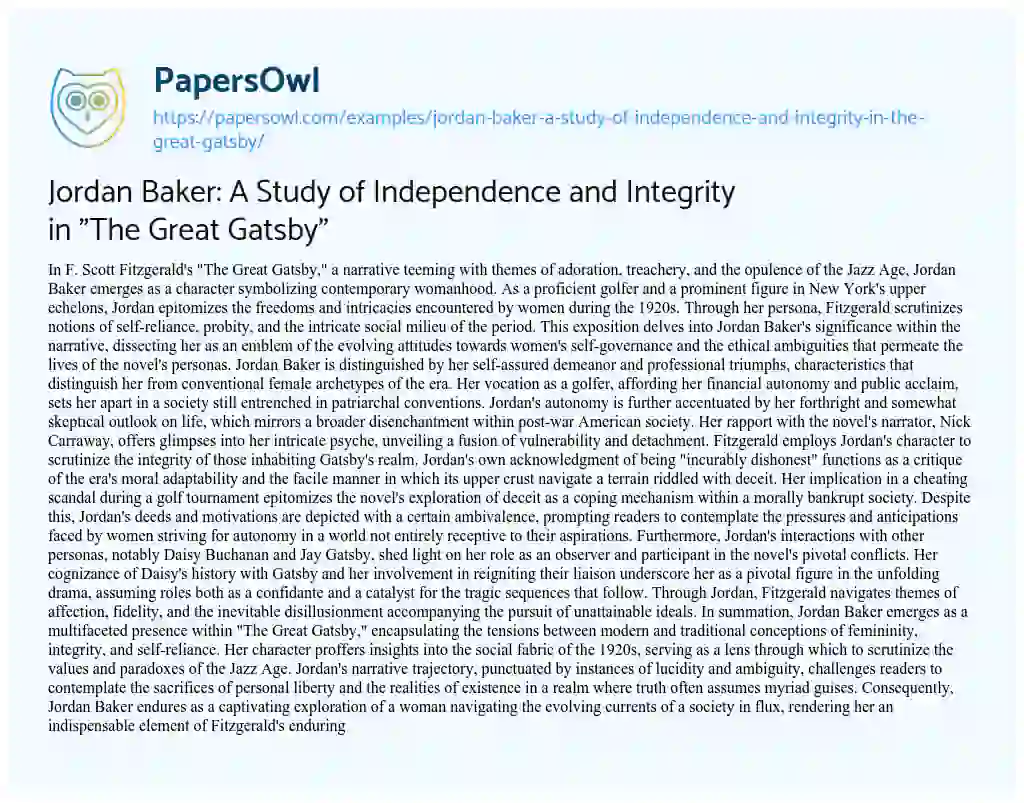 Essay on Jordan Baker: a Study of Independence and Integrity in “The Great Gatsby”
