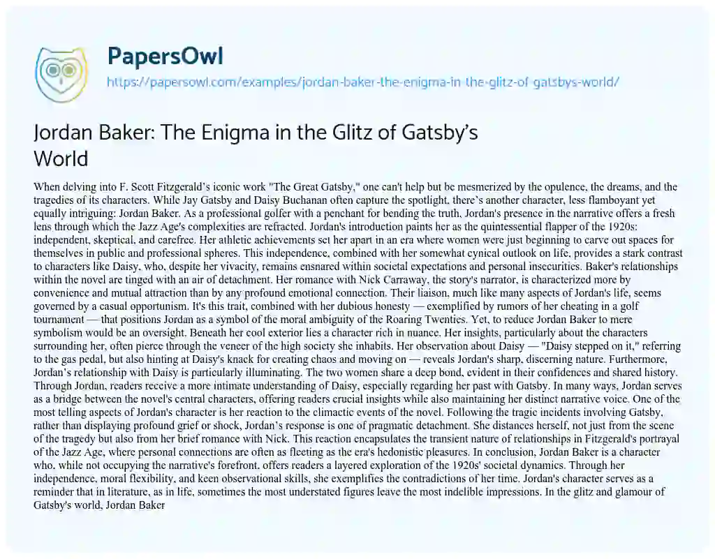 Essay on Jordan Baker: the Enigma in the Glitz of Gatsby’s World