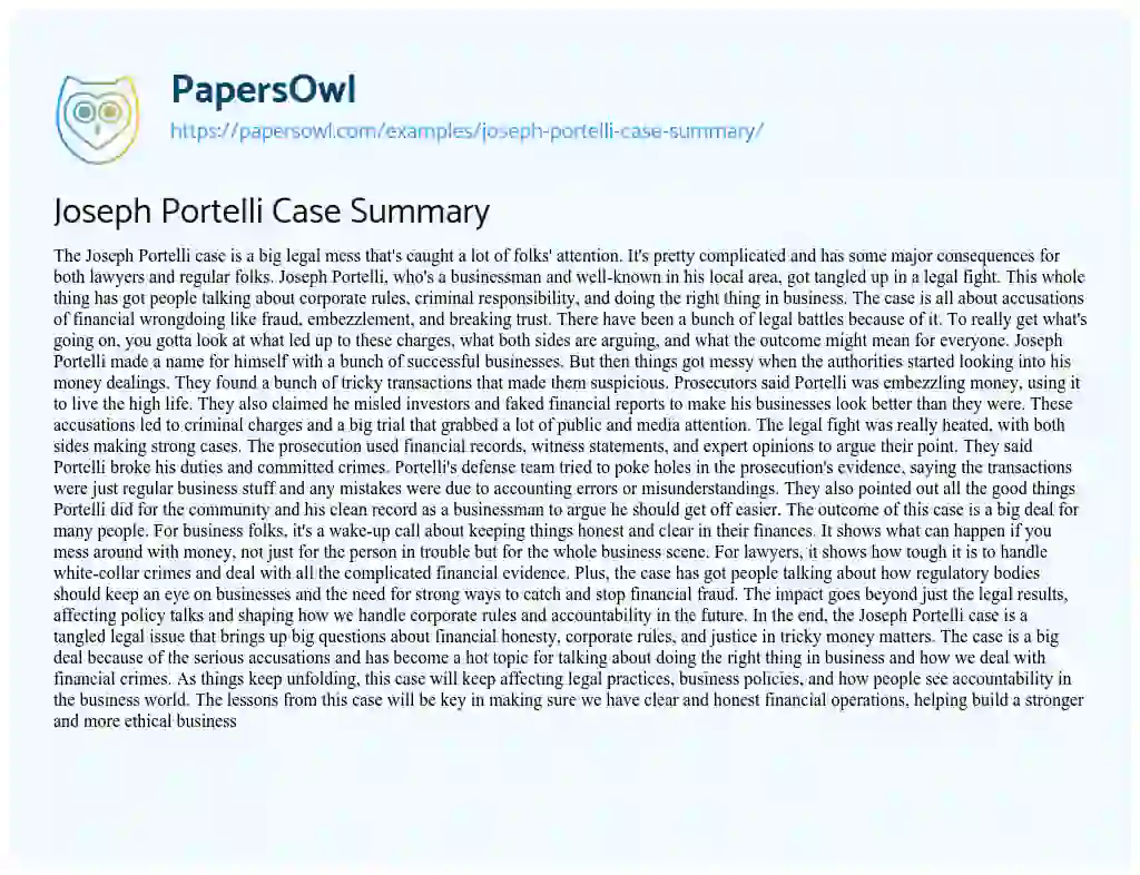 Essay on Joseph Portelli Case Summary