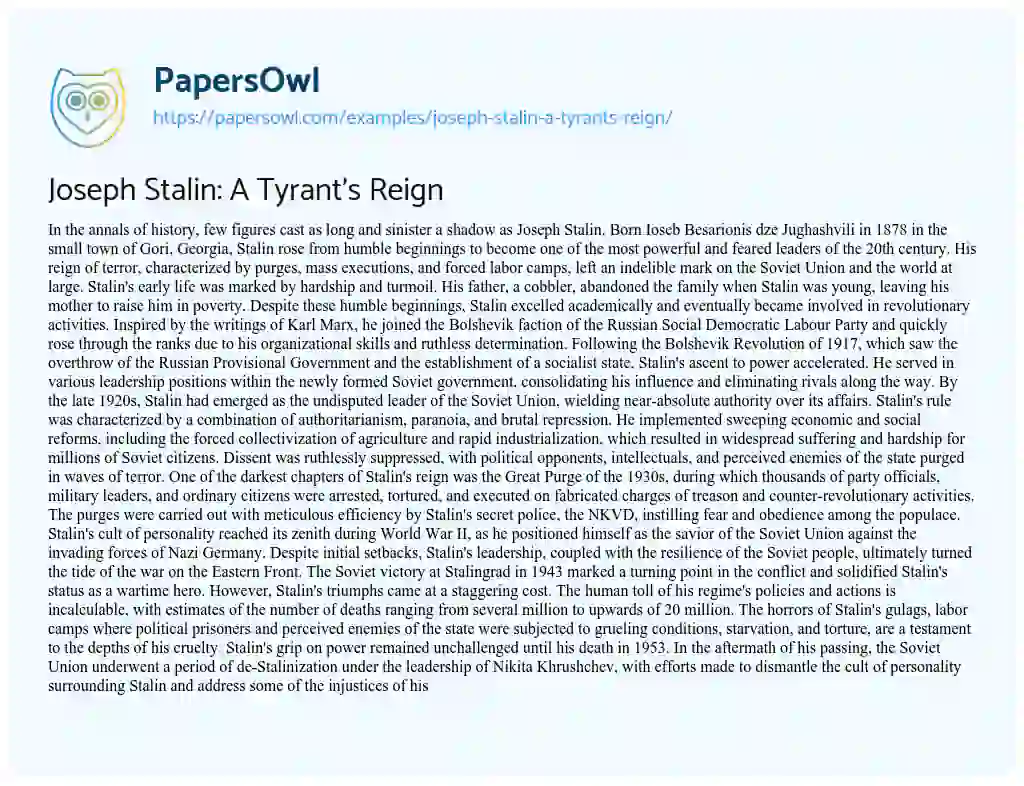 Joseph Stalin: A Tyrant's Reign - Free Essay Example - 621 Words ...