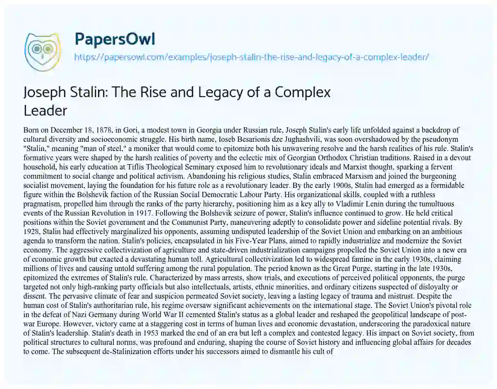 Essay on Joseph Stalin: the Rise and Legacy of a Complex Leader