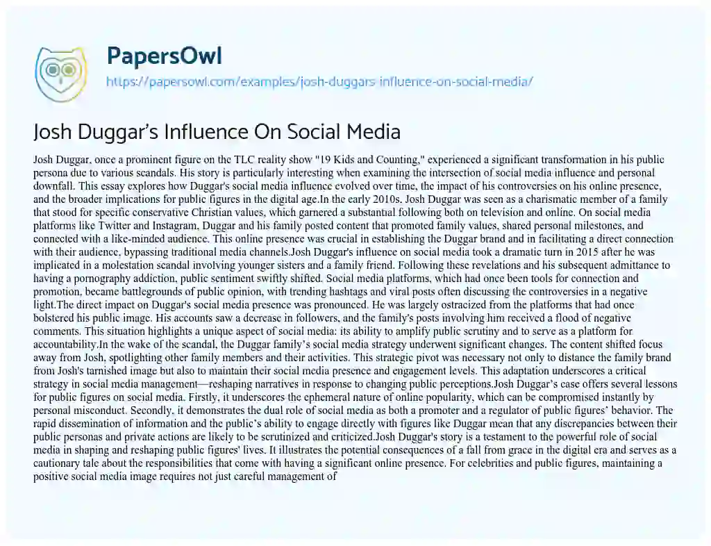 Essay on Josh Duggar’s Influence on Social Media