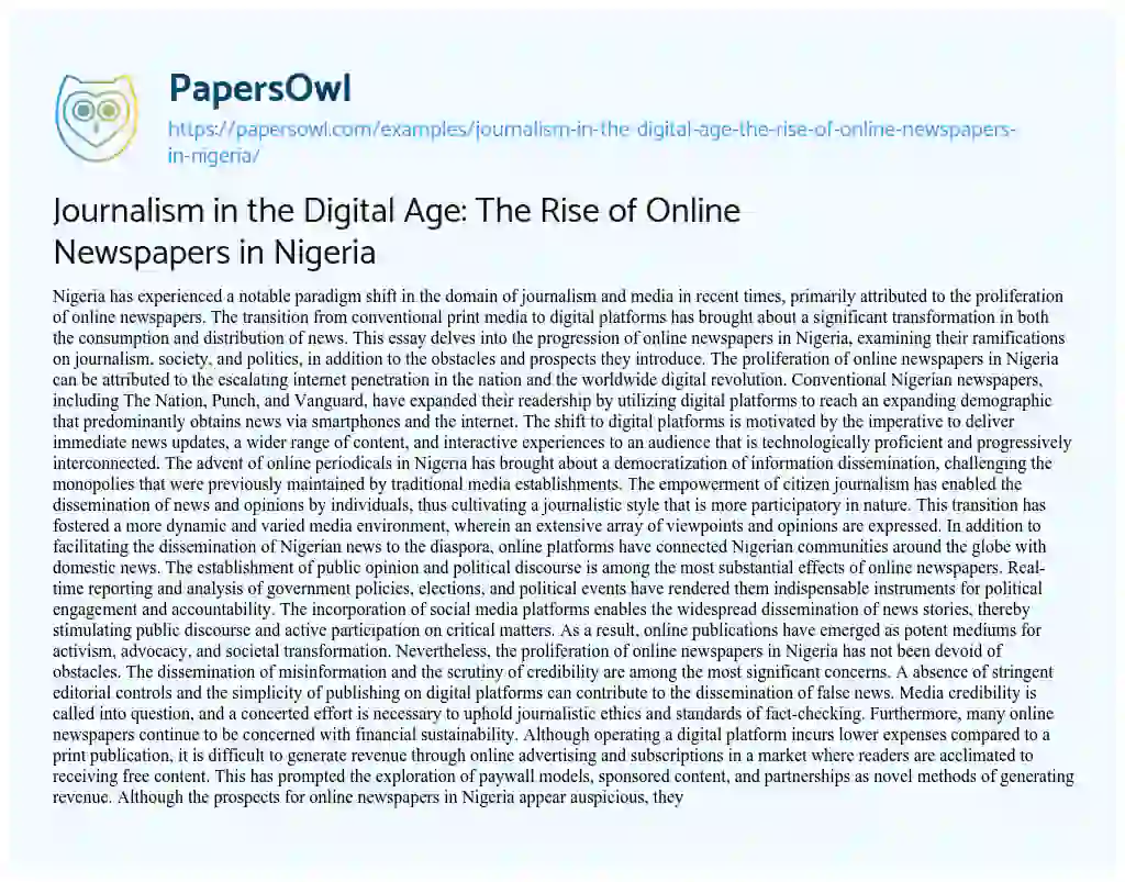 Essay on Journalism in the Digital Age: the Rise of Online Newspapers in Nigeria