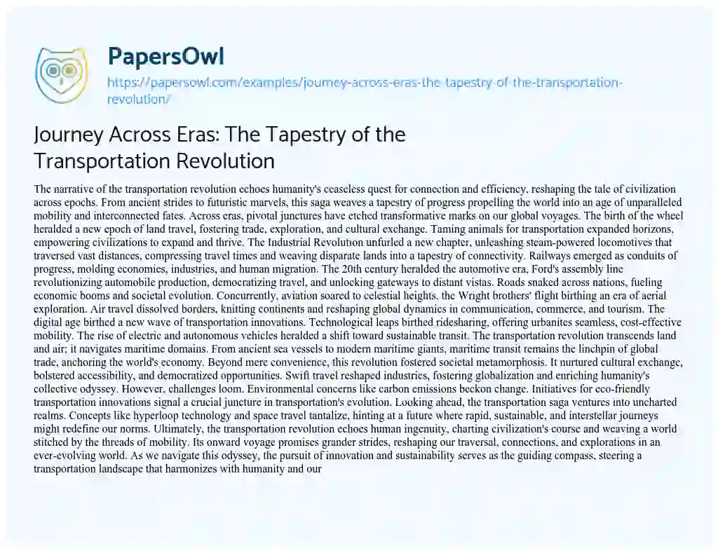 Essay on Journey Across Eras: the Tapestry of the Transportation Revolution