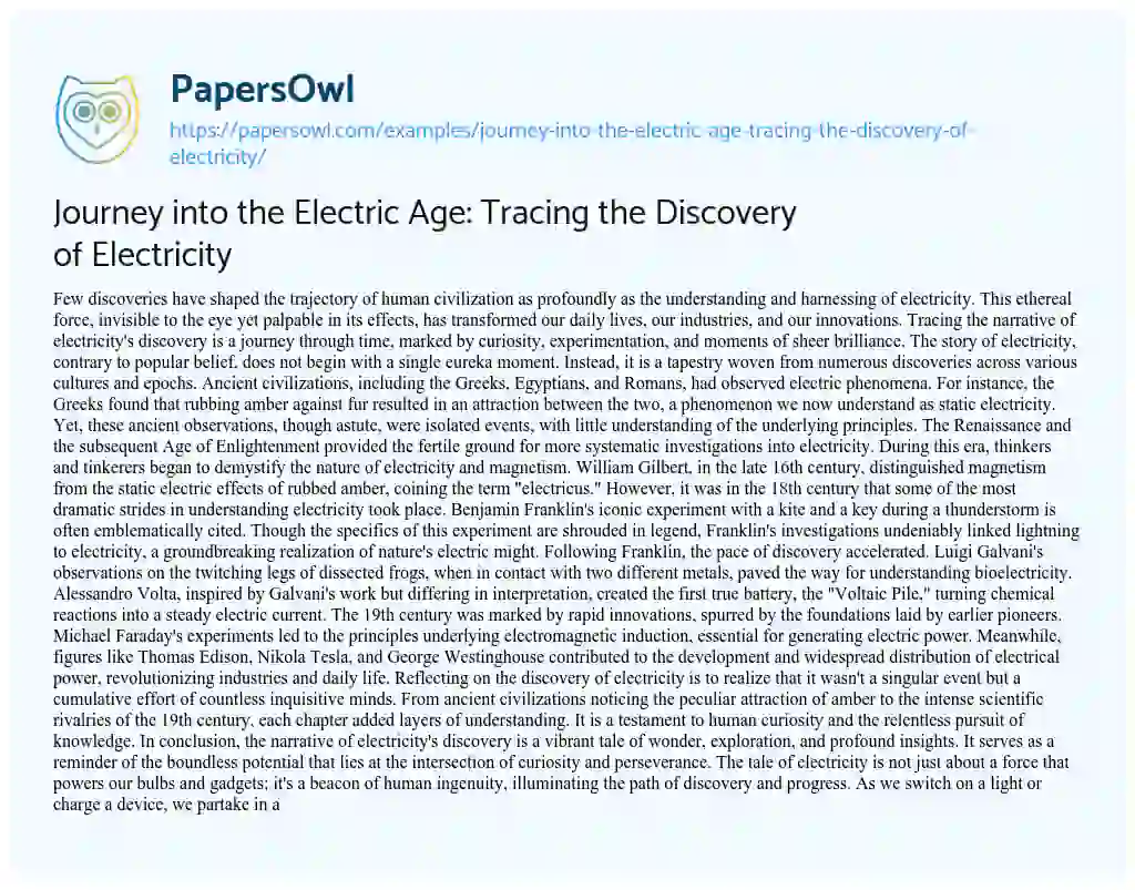 Essay on Journey into the Electric Age: Tracing the Discovery of Electricity