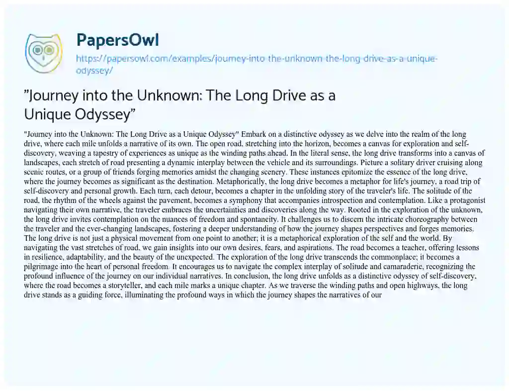 Essay on “Journey into the Unknown: the Long Drive as a Unique Odyssey”