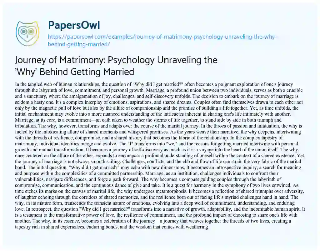 Essay on Journey of Matrimony: Psychology Unraveling the ‘Why’ Behind Getting Married