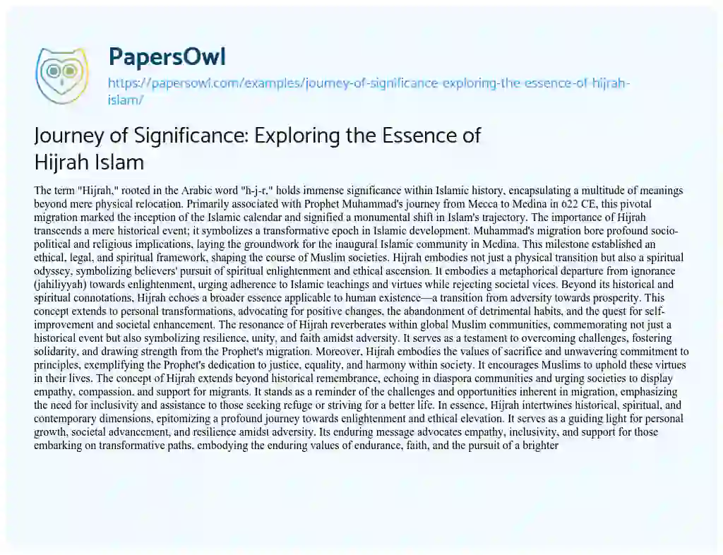 Essay on Journey of Significance: Exploring the Essence of Hijrah Islam