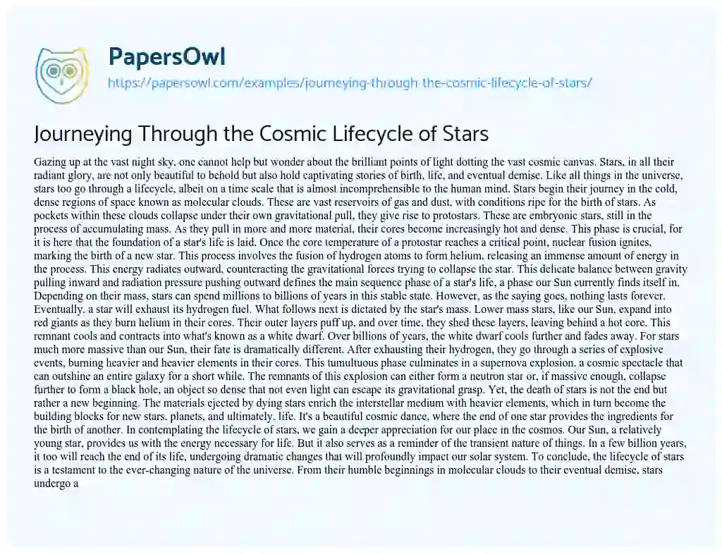 Essay on Journeying through the Cosmic Lifecycle of Stars