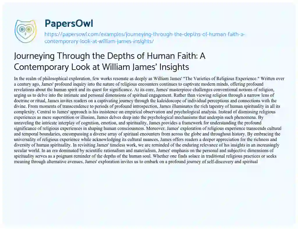 Essay on Journeying through the Depths of Human Faith: a Contemporary Look at William James’ Insights