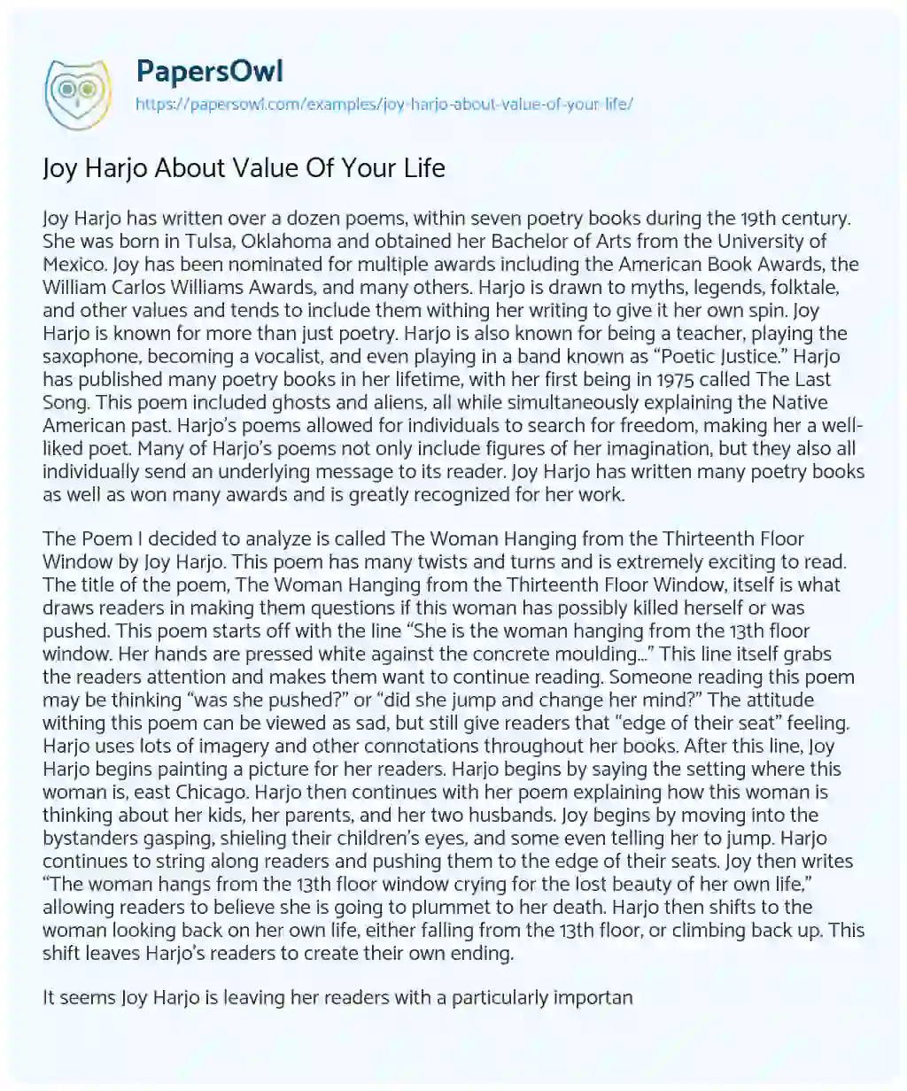 Essay on Joy Harjo about Value of your Life