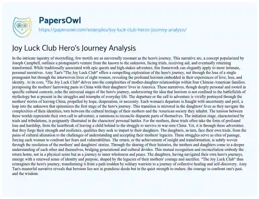 Essay on Joy Luck Club Hero’s Journey Analysis