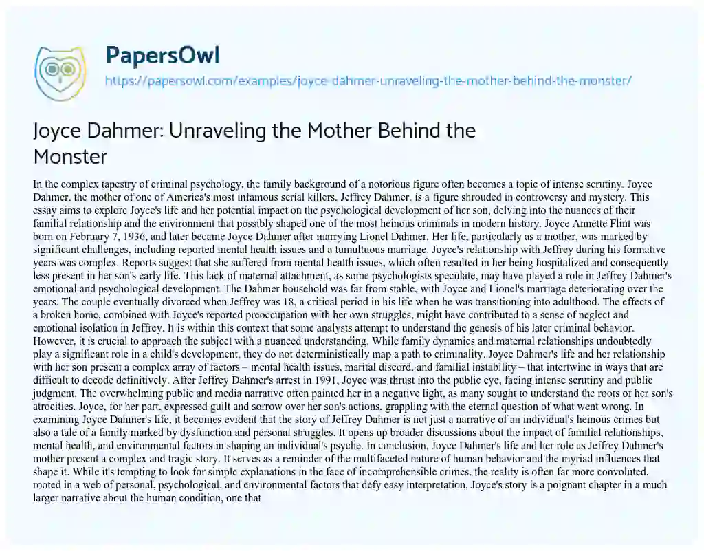 Essay on Joyce Dahmer: Unraveling the Mother Behind the Monster
