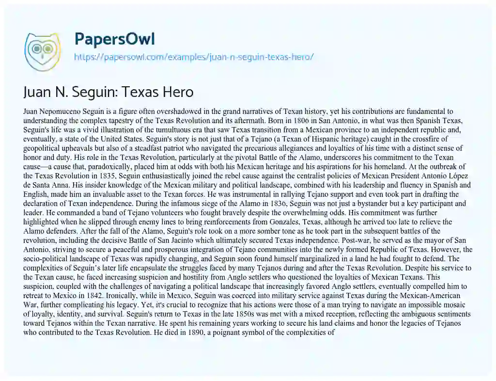 Essay on Juan N. Seguin: Texas Hero