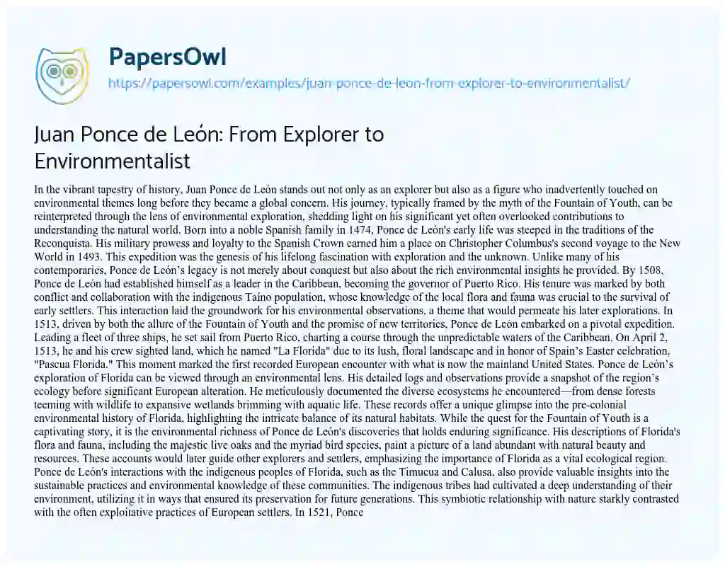 Essay on Juan Ponce De León: from Explorer to Environmentalist