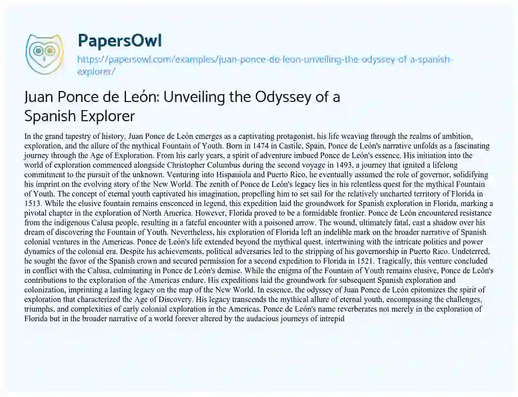 Essay on Juan Ponce de León: Unveiling the Odyssey of a Spanish Explorer