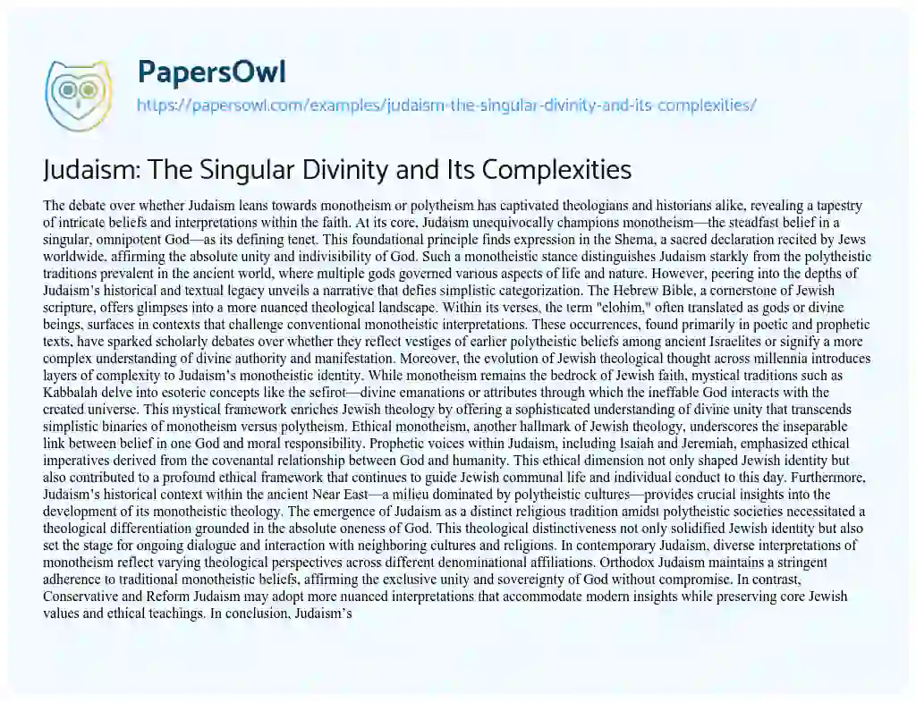Essay on Judaism: the Singular Divinity and its Complexities