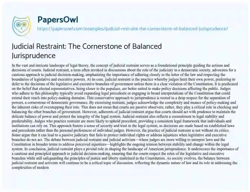 Essay on Judicial Restraint: the Cornerstone of Balanced Jurisprudence