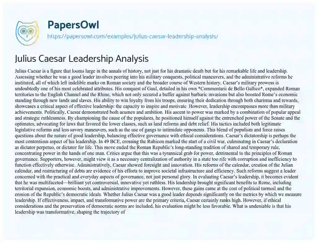 Essay on Julius Caesar Leadership Analysis