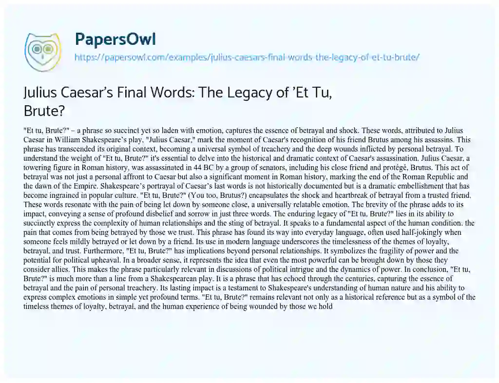 Essay on Julius Caesar’s Final Words: the Legacy of ‘Et Tu, Brute?