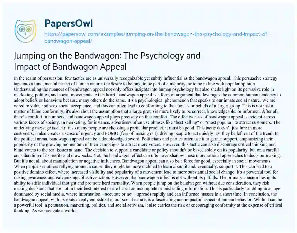 Essay on Jumping on the Bandwagon: the Psychology and Impact of Bandwagon Appeal