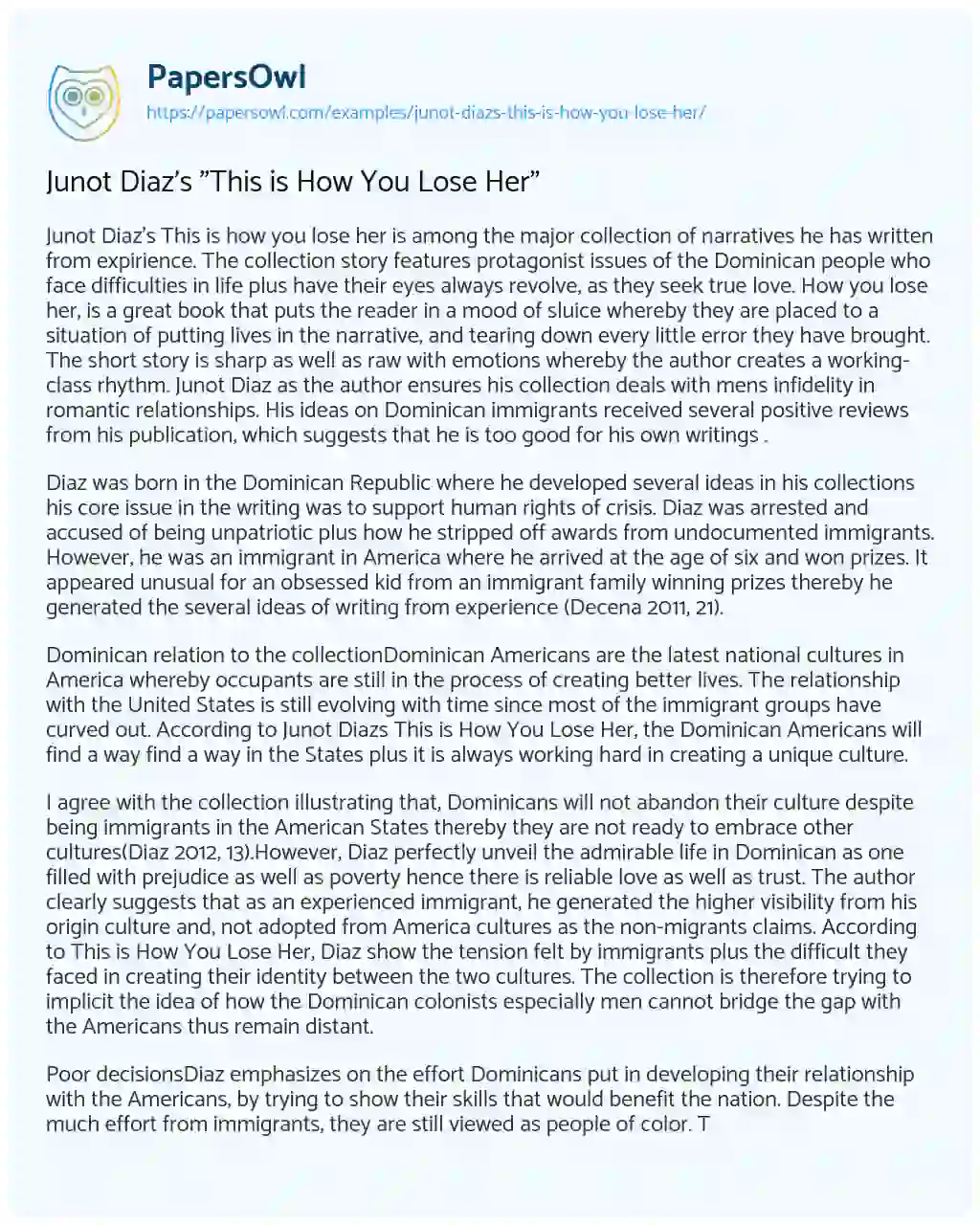 Essay on Junot Diaz’s “This is how you Lose Her”