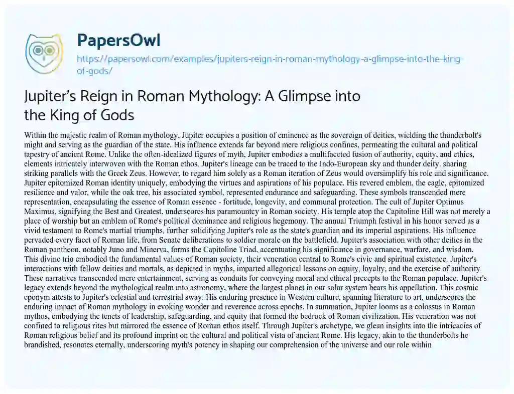 Essay on Jupiter’s Reign in Roman Mythology: a Glimpse into the King of Gods