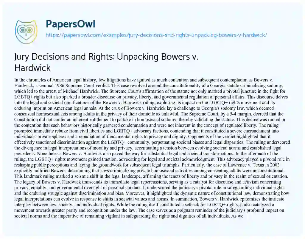 Essay on Jury Decisions and Rights: Unpacking Bowers V. Hardwick