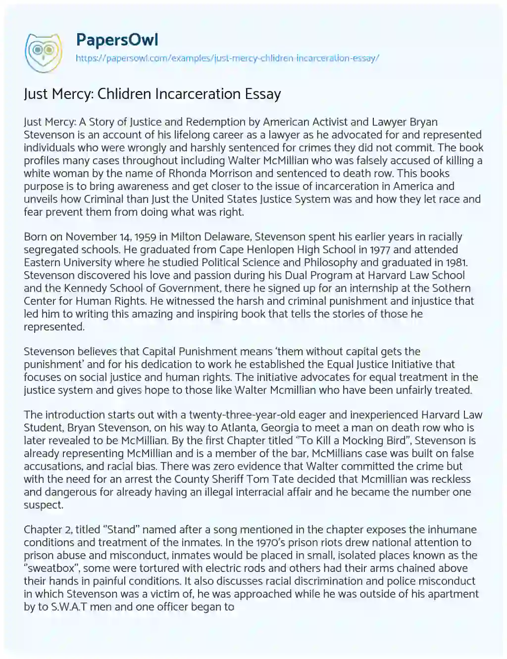Essay on Just Mercy: Chlidren Incarceration Essay
