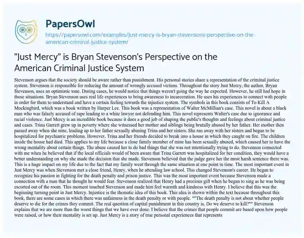 Essay on “Just Mercy” is Bryan Stevenson’s Perspective on the American Criminal Justice System