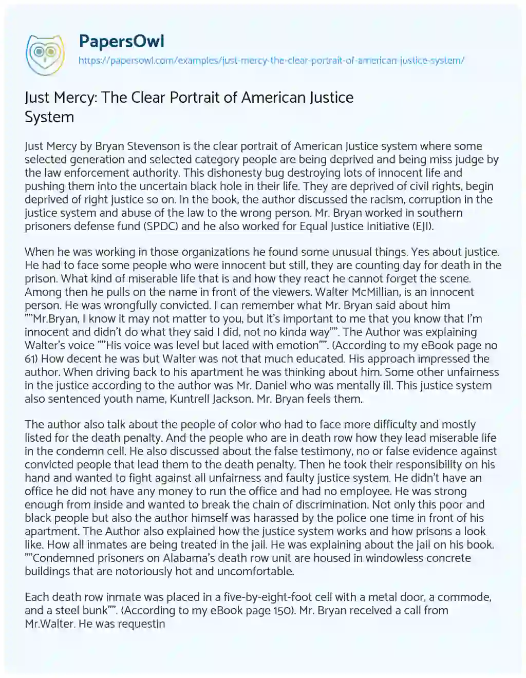 Essay on Just Mercy: the Clear Portrait of American Justice System