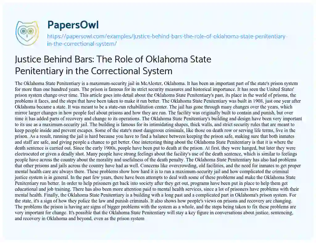 Essay on Justice Behind Bars: the Role of Oklahoma State Penitentiary in the Correctional System