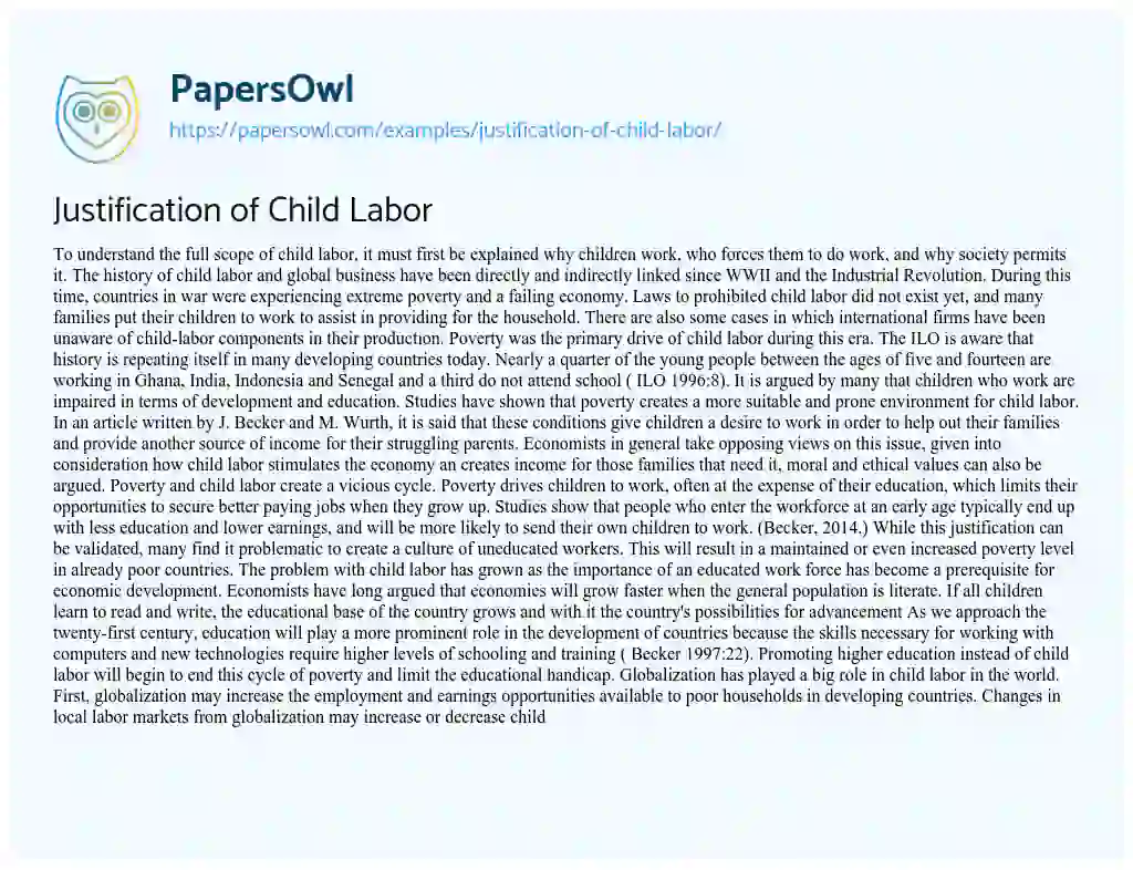 Essay on Justification of Child Labor