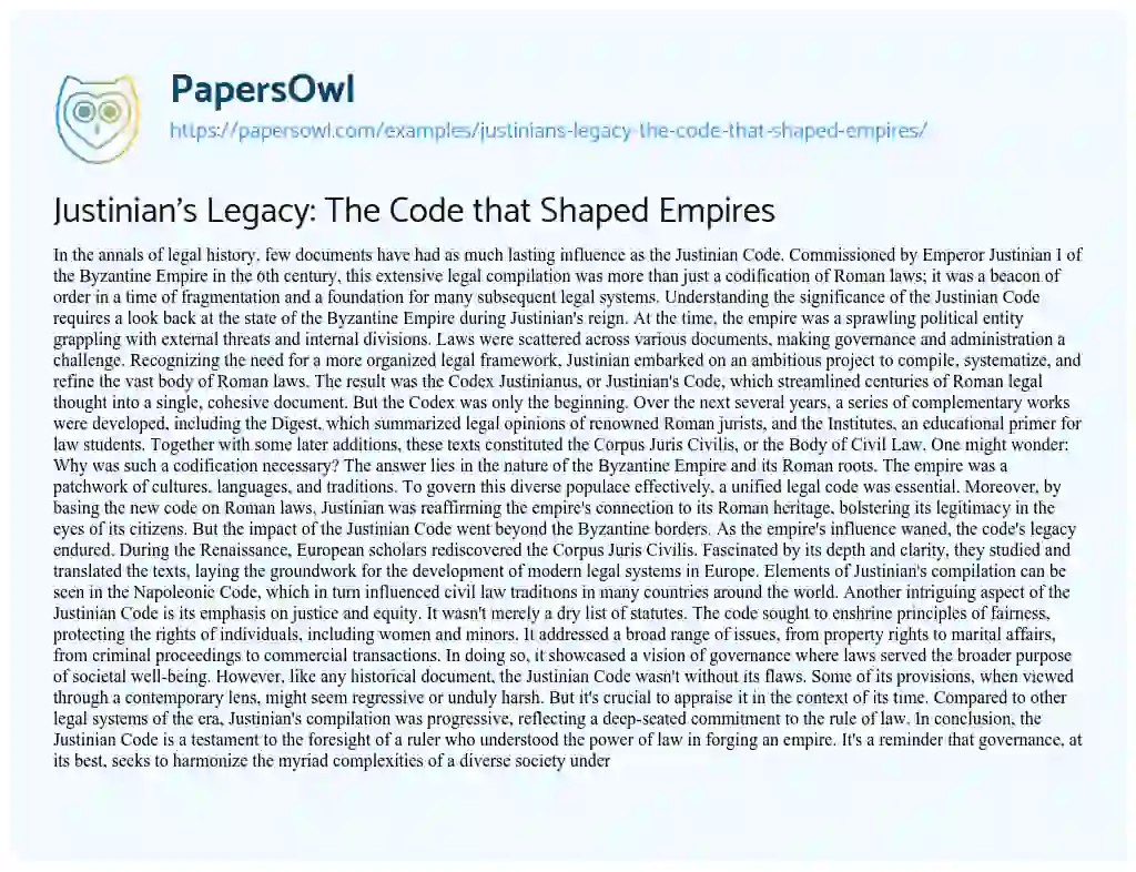 Essay on Justinian’s Legacy: the Code that Shaped Empires