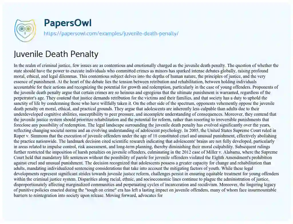 Essay on Juvenile Death Penalty