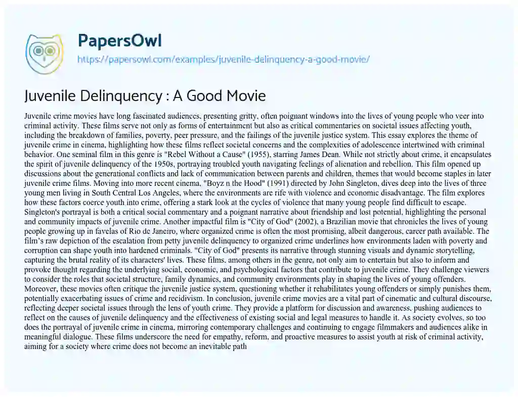 Essay on Juvenile Delinquency : a Good Movie