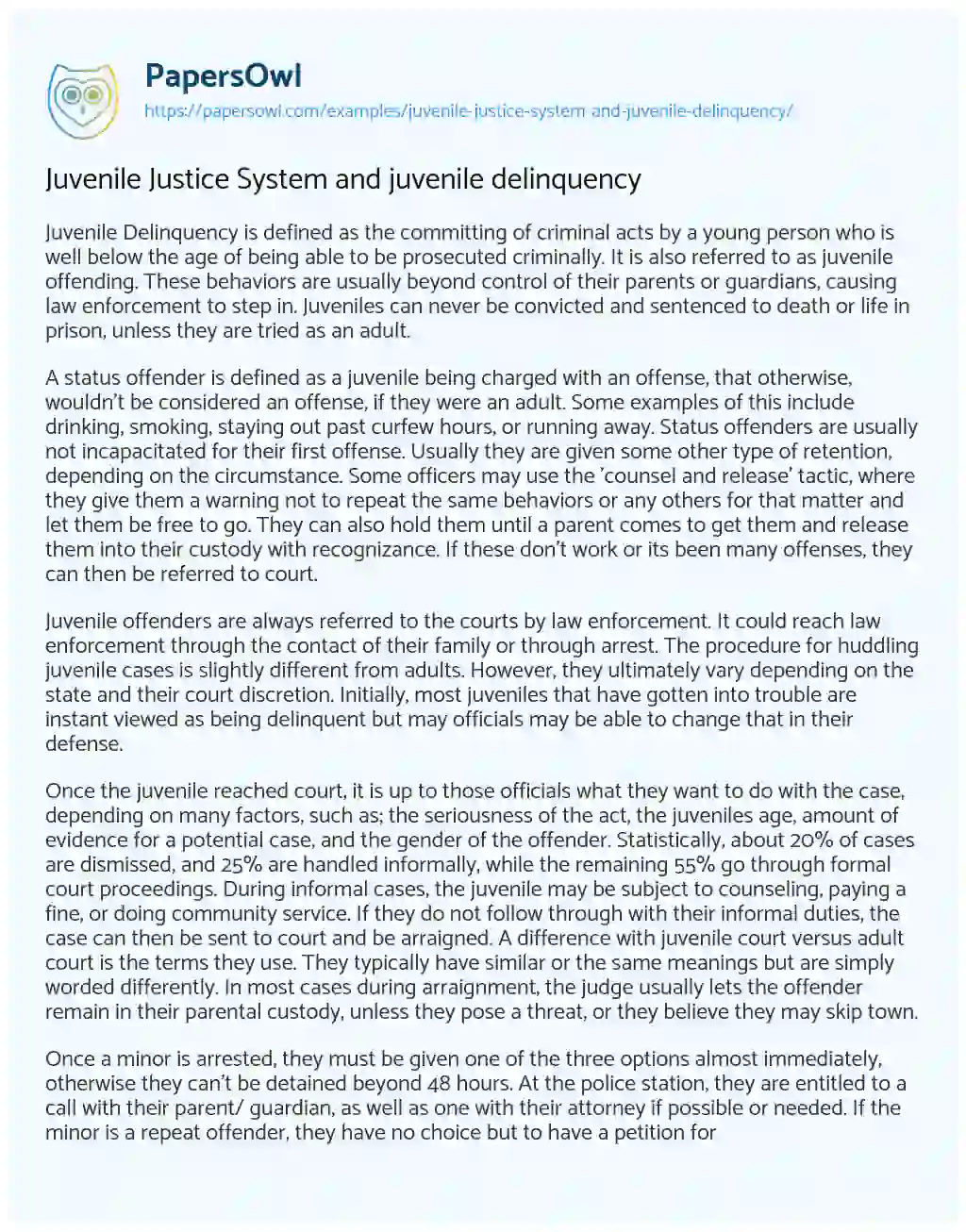 Essay on Juvenile Justice System and Juvenile Delinquency