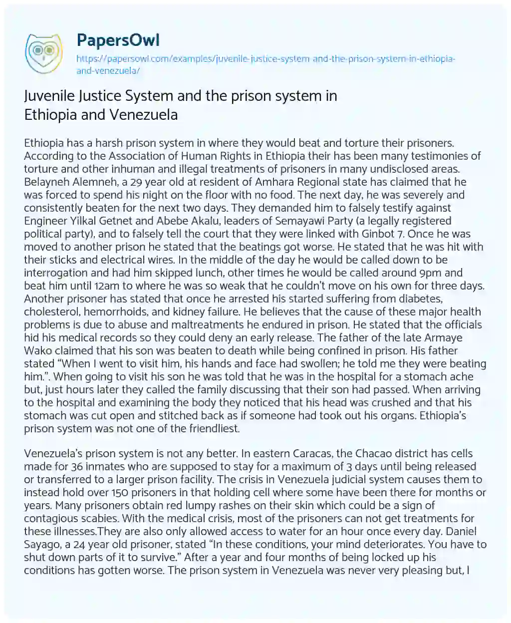 Essay on Juvenile Justice System and the Prison System in Ethiopia and Venezuela