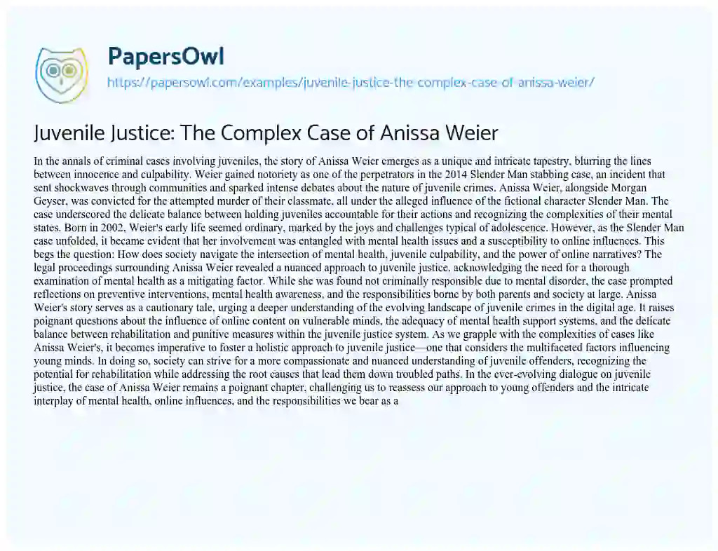 Essay on Juvenile Justice: the Complex Case of Anissa Weier