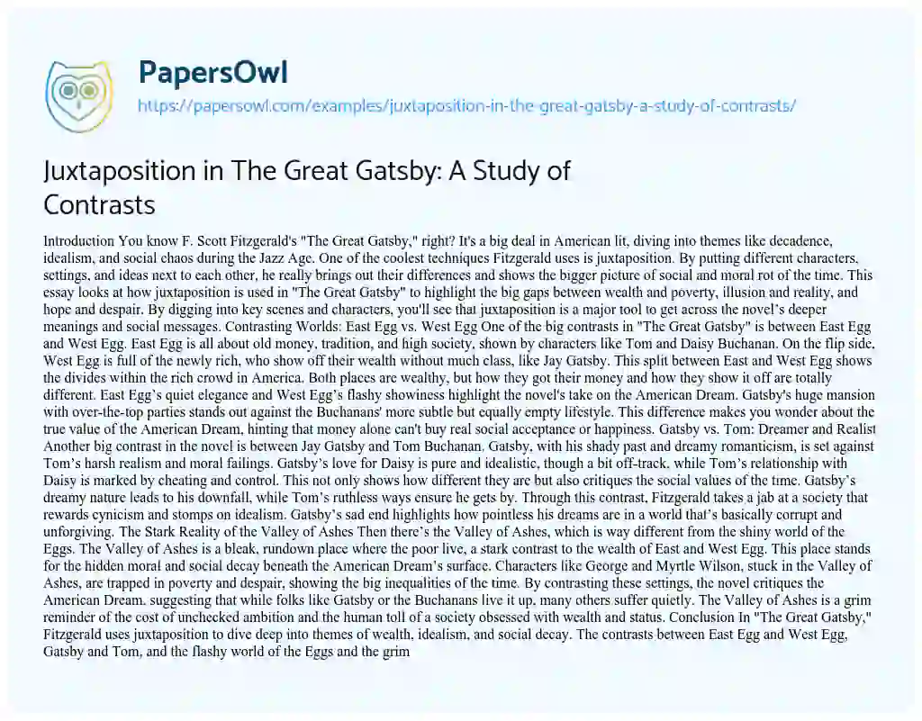 Essay on Juxtaposition in the Great Gatsby: a Study of Contrasts