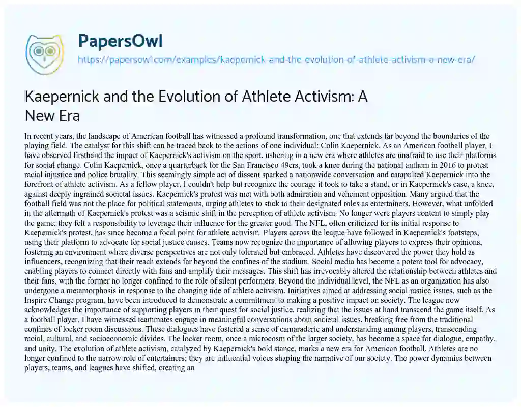 Essay on Kaepernick and the Evolution of Athlete Activism: a New Era