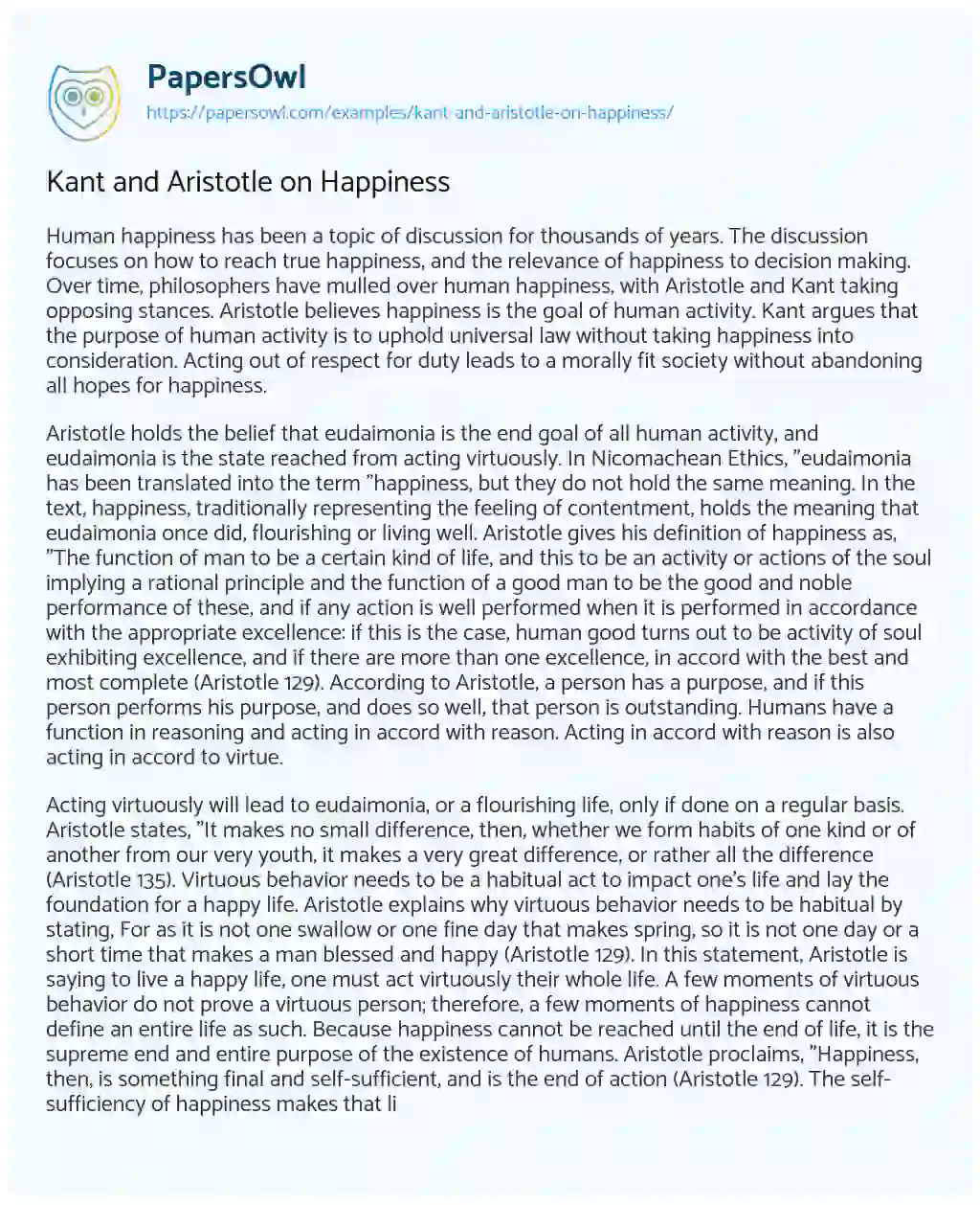 Essay on Kant and Aristotle on Happiness