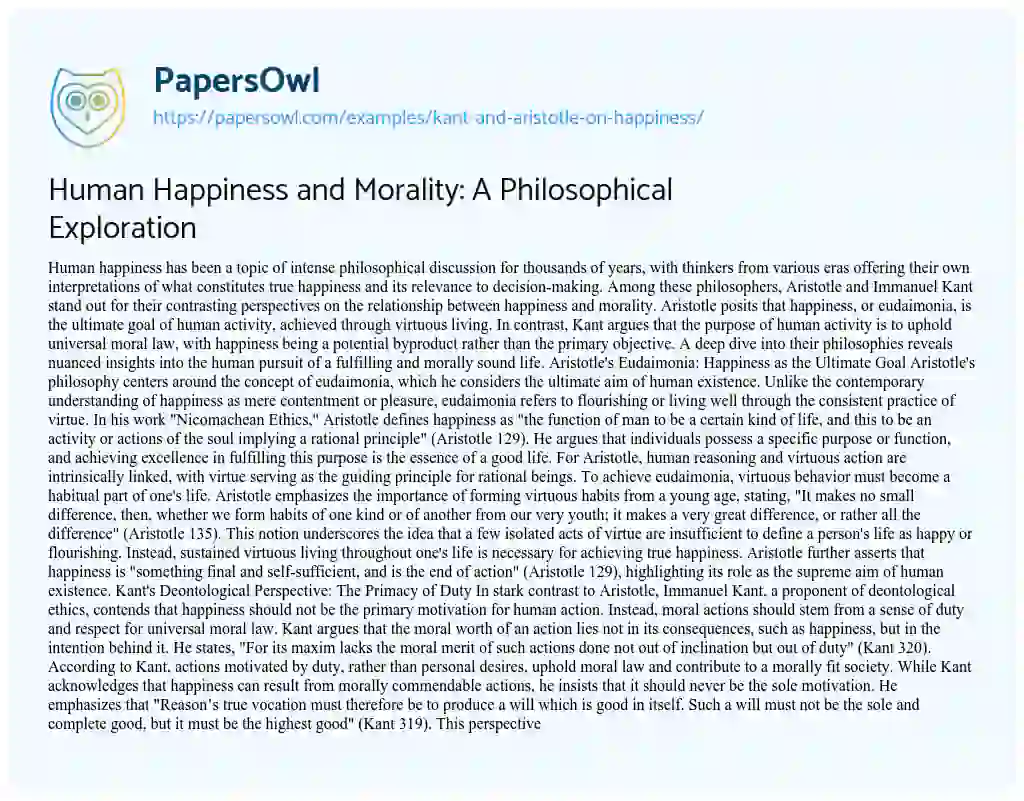 Essay on Kant and Aristotle on Happiness