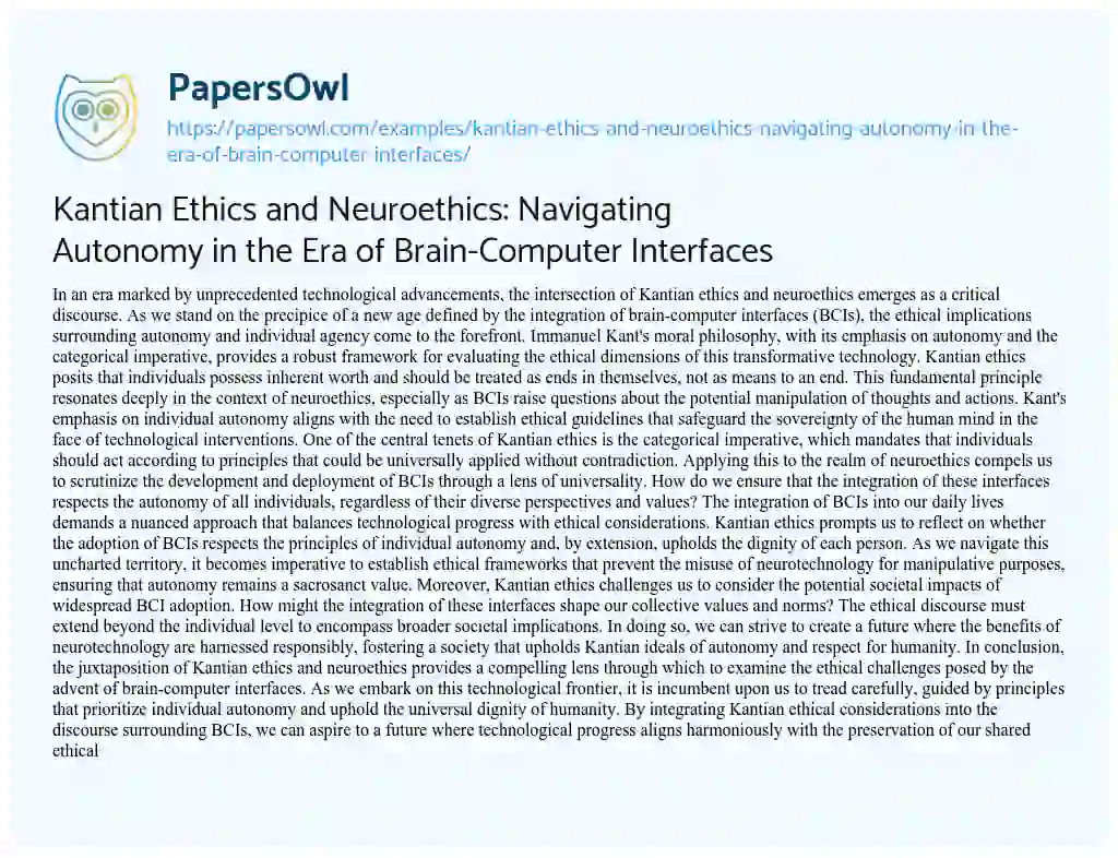 Essay on Kantian Ethics and Neuroethics: Navigating Autonomy in the Era of Brain-Computer Interfaces