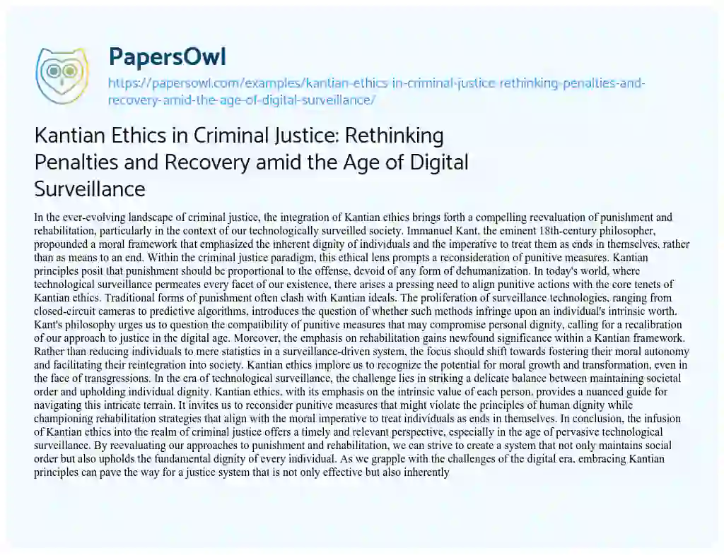 Essay on Kantian Ethics in Criminal Justice: Rethinking Penalties and Recovery Amid the Age of Digital Surveillance