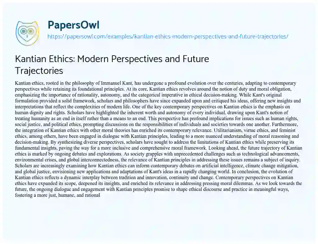 Essay on Kantian Ethics: Modern Perspectives and Future Trajectories