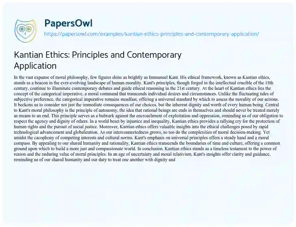 Essay on Kantian Ethics: Principles and Contemporary Application