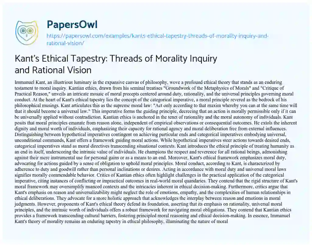 Essay on Kant’s Ethical Tapestry: Threads of Morality Inquiry and Rational Vision
