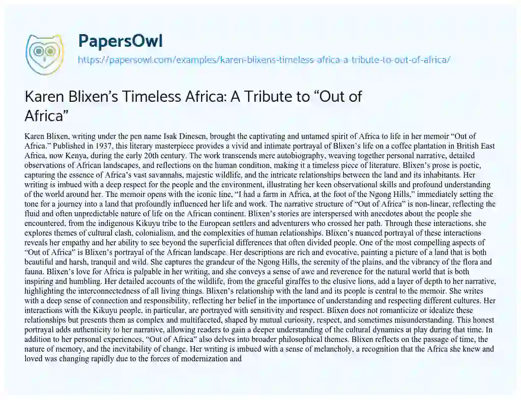 Essay on Karen Blixen’s Timeless Africa: a Tribute to “Out of Africa”